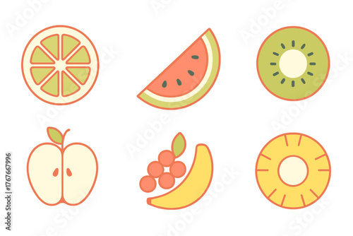 Modern flat graphic collection of fresh tropical and common fruit slices and halves