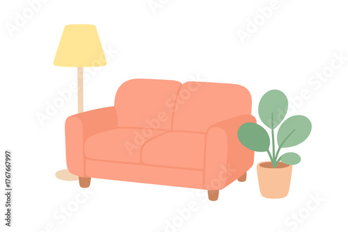 Cozy two-seater sofa with floor lamp and houseplant in a minimalist interior setting