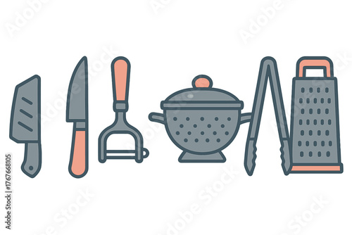 Essential cooking implements including knives peeler colander tongs and grater on white background