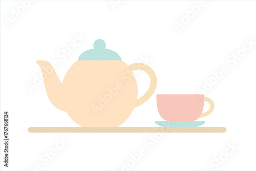 Minimalist pastel colored teapot and teacup set on a simple surface for hot beverage service