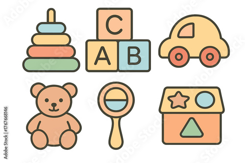 Collection of colorful baby and toddler toys including blocks, a teddy bear, and a stacking ring