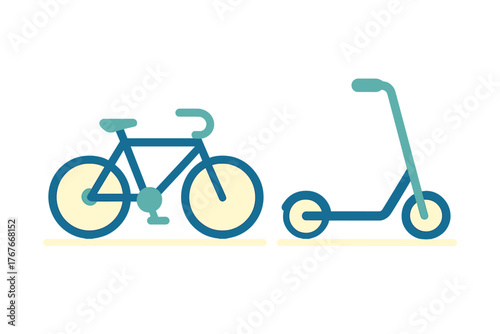 Flat design graphic showing a bicycle and a kick scooter symbolizing urban mobility and sustainable travel