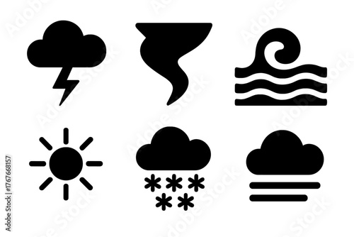 Essential weather and natural hazard symbols including sun, snow, storm, tornado, and waves