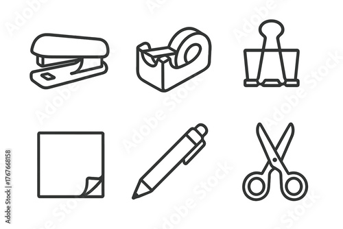 Essential office and school supplies including stapler tape dispenser and scissors