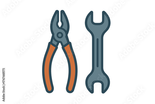 Pair of pliers and an open-end wrench isolated on a white background for maintenance and fixing