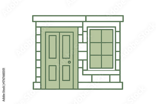 Minimalist architectural facade featuring a classic double door and a grid-paned window set in stone brickwork