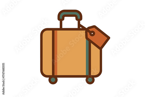 Stylized retro rolling travel suitcase with identification tag and handle design