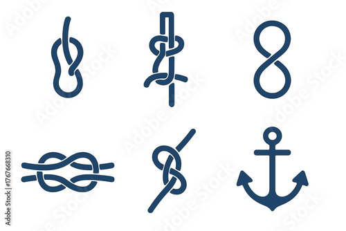 Collection of marine rope knots including figure eight and square knot with a traditional anchor symbol