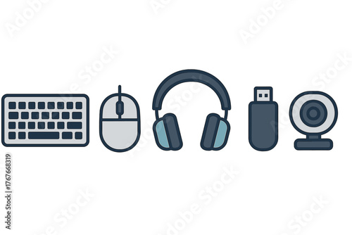 Essential computer peripherals and accessories including keyboard mouse headphones flash drive and webcam