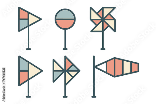 Various geometric symbols including flags, pinwheels, and windsock for weather indication