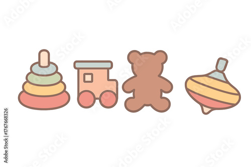Classic baby and toddler toys set including a teddy bear, stacking rings, train, and spinning top in soft pastel colors