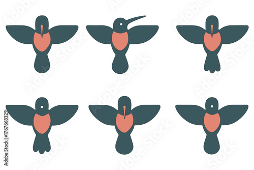 Set of six minimalist flying hummingbird icons with geometric shapes and flat colors
