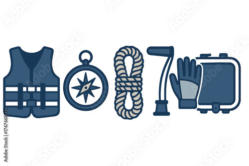 Essential safety and navigation equipment set including life vest, compass, rope, and waterproof case