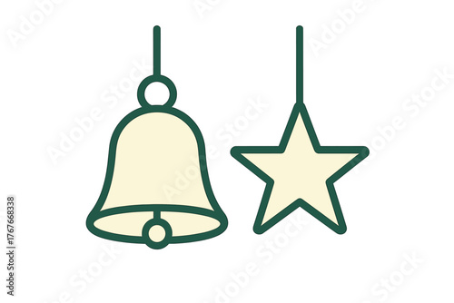 Traditional festive holiday decorations featuring a hanging bell and a five-pointed star design