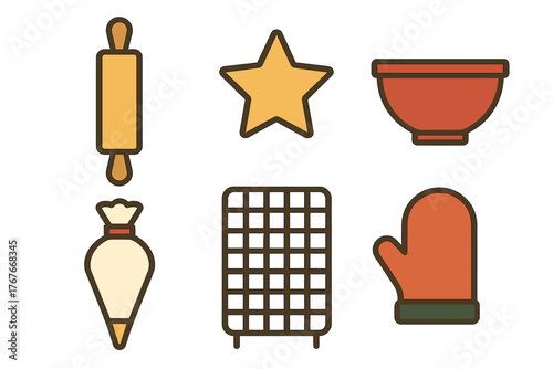 Kitchen equipment for home baking including rolling pin, mixing bowl, and oven mitt