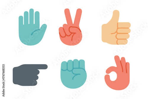 Six colorful hand gestures collection including stop sign, peace sign, thumbs up, pointing, fist, and OK symbol