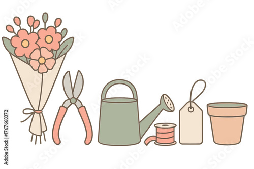 Cute pastel gardening and floral supplies border featuring flowers and copy space
