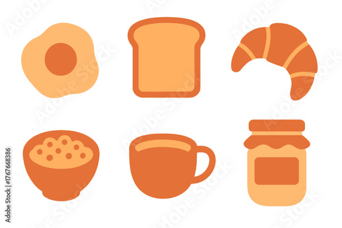 Stylized graphic icons featuring common morning breakfast foods and drinks