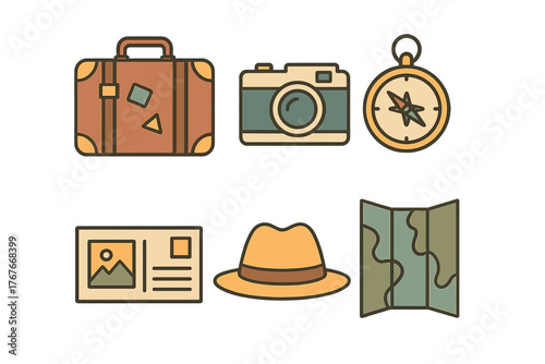 Essential travel and adventure items set featuring luggage, camera, compass, fedora hat, postcard, and map