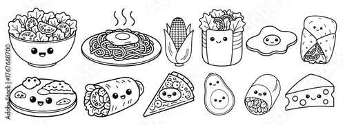 Cute Kawaii Food Doodle Icon Set Salad Pasta Corn Burrito Pizza Avocado Cheese Slice