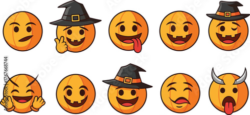 Halloween emoji set with witch hats pumpkins devils and spooky funny faces for celebrations and decorations vector Hallowing Day