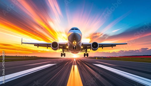 Airplane taking off at sunset with vibrant sky and runway lights creating a sense of speed and motion, symbolizing travel and adventure