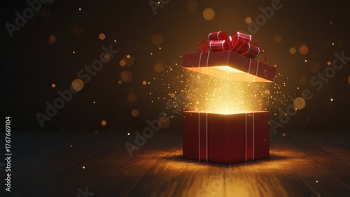 A glowing red gift box with golden light and sparkles shining for magical new year, christmas, and diwali surprise