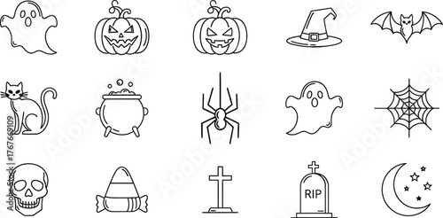 Collection of hand-drawn halloween icons including ghosts pumpkins bats spiders skulls and more perfect for festive designs and invitations vector Hallowing Day