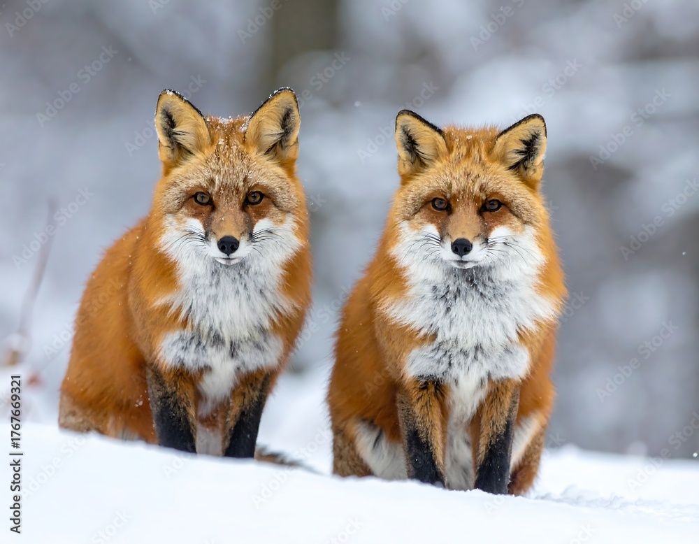 Obraz premium Two red foxes are sitting in the snow
