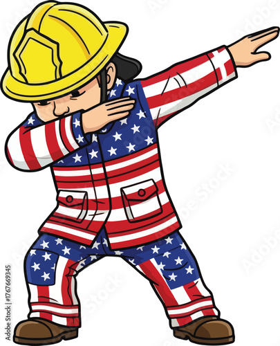 Fire fighter dabbing dance celebration with usa flag,patriotic design made with generative ai