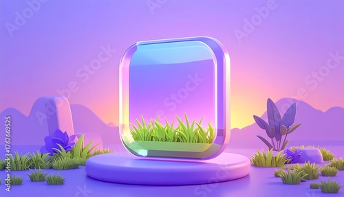 A purple glass screen with grass and a sunset