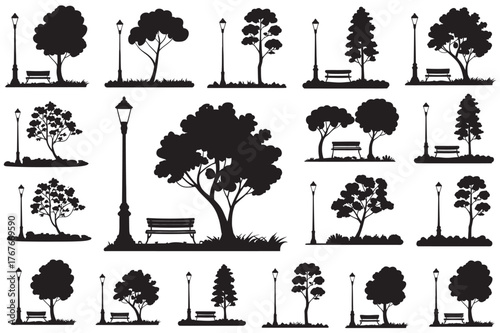 Diverse Collection of Black and White Park Silhouettes Trees, Benches, and Streetlights Vector Set for Outdoor Design Projects