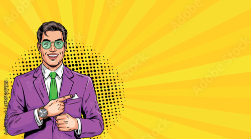 A young pop art businessman points to the side. Pop art in comic book style.