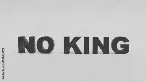 A close-up of a black 3D lettering NO KING on a light background