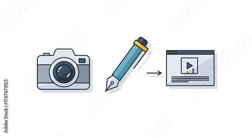 Camera pen and video player icon set representing content creation and digital media illustration isolated on white