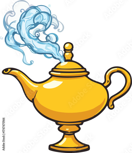 Cartoon Golden Genie Lamp with Swirling Blue Smoke Vector Illustration – Fantasy Magic Lamp