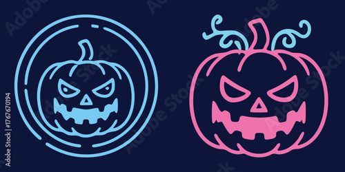 Two glowing neon jack o lanterns in vibrant blue and pink hues create a spooky festive halloween atmosphere on a . vector Hallowing Day