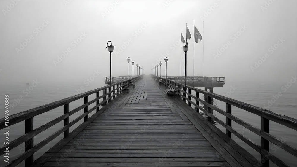 Fototapeta premium Very long wooden pier with lamps