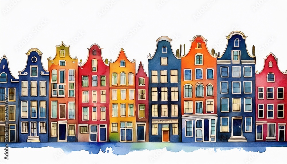 Fototapeta premium houses in amsterdam watercolor on white