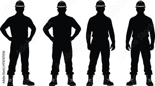 Construction worker silhouette vector illustration, hard hat icons, industrial gear, labor poses, safety theme, black graphic, occupational design, engineering role set