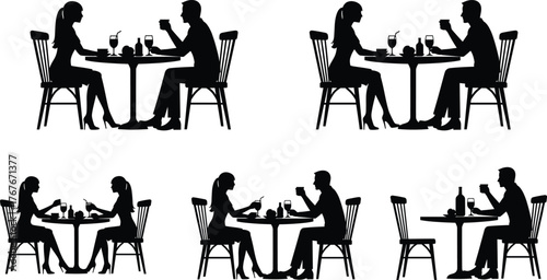 Couple dining silhouette vector illustration, restaurant scene, romantic interaction, seated figures, table setting, black icons, lifestyle theme, social moment design