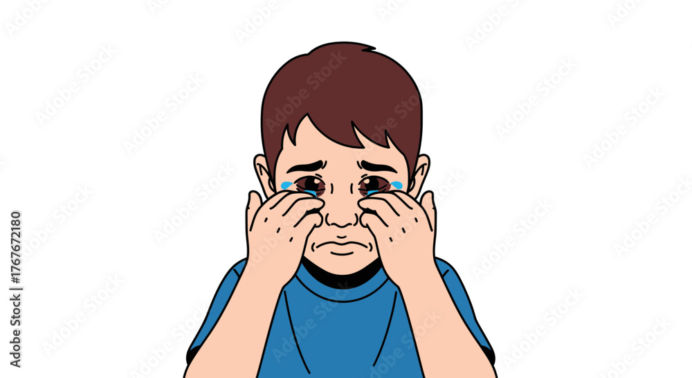 Fotografie A Sad Child Crying Covering Eyes with Hands Expressing Grief