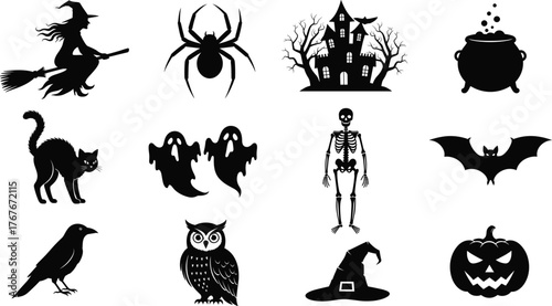 Halloween silhouette vector illustration, spooky icons, witch, bat, pumpkin, skeleton, haunted house, ghost, cauldron, owl, raven, festive design, horror theme