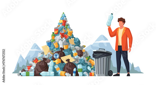 Recycling advocate showing plastic bottle beside overflowing waste pile, promoting responsible disposal for a cleaner world and environmental sustainability