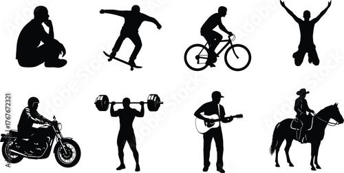 Human activity silhouette vector illustration, sports, music, thinking pose, horse riding, gym workout, lifestyle design, black icons, dynamic movement, casual posture