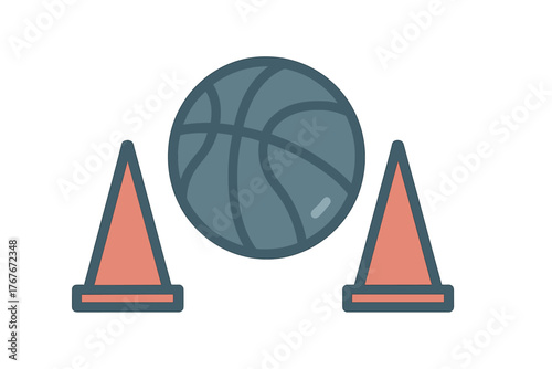 Sports training equipment featuring a basketball centered between two safety cones