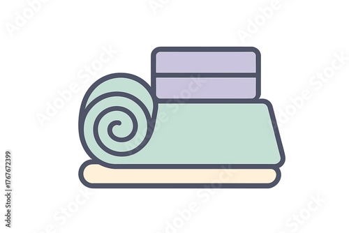 Rolled sleeping mat and pillow, essential equipment for camping, travel, or yoga practice