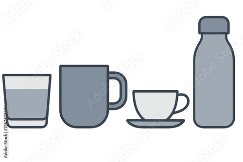 Collection of beverage containers including a drinking glass, coffee mug, teacup with saucer, and water bottle