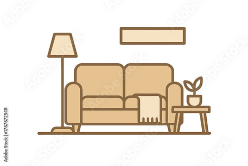 Comfortable sofa and floor lamp in minimalist living room interior with houseplant on side table