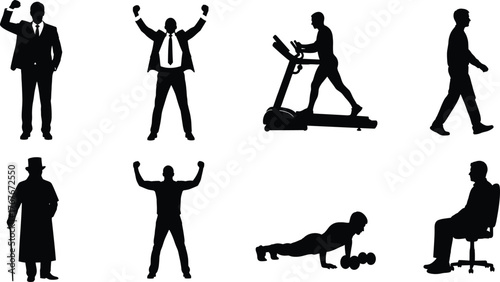 Human silhouette vector illustration, walking, exercising, celebrating, elderly figure, seated posture, treadmill workout, casual movement, black icons, lifestyle design